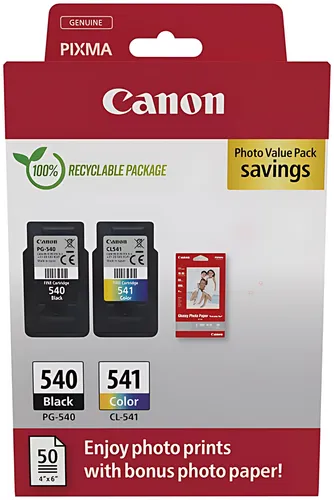 Canon 5225B013/PG-540+CL-541 Druckkopfpatrone Multipack schwarz + color + Fotopapier 50 Blatt PVP 8ml/180pg + 8ml/180pg VE=2