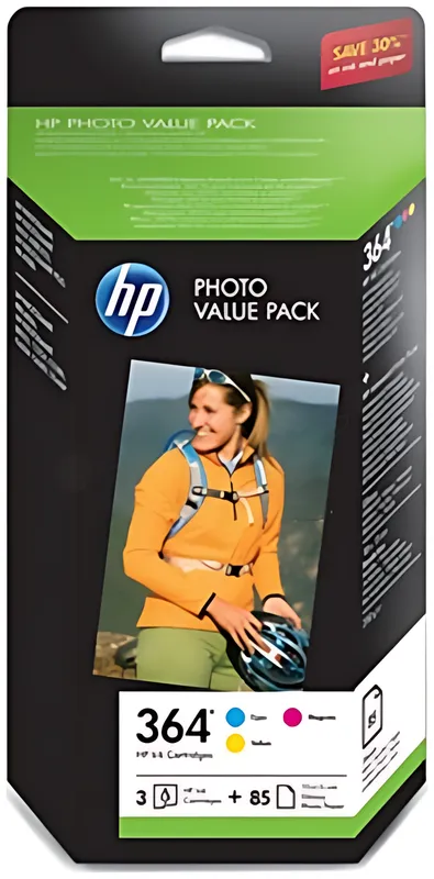 HP CH082EE/364 Tintenpatrone MultiPack C,M,Y + 85 Blatt Papier 10x15cm, 3x300 Seiten ISO/IEC 24711 140 Fotos VE=3