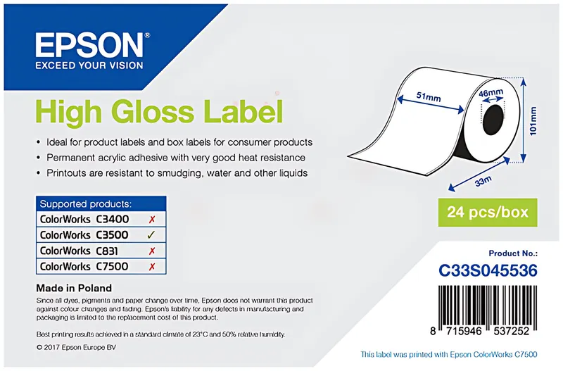 Epson C33S045536 Etikettenrolle high-gloss 51mm x 33m