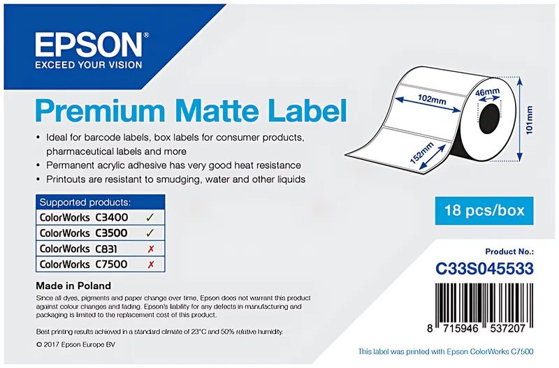 Epson C33S045533 Etikettenrolle matt die-cut 102mm x 152mm 225 label VE=1