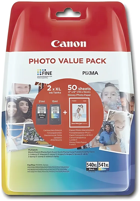 Canon 5222B013/PG-540XL+CL-541XL Druckkopfpatrone Multipack schwarz + color High-Capacity + Fotopapier 10x15cm 50 Blatt 600pg + 400pg, 21ml + 15ml VE=2