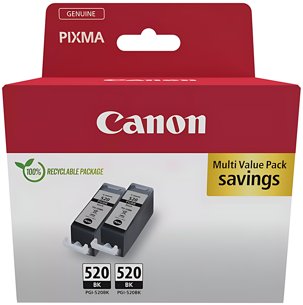 Canon 2932B019/PGI-520PGBK Tintenpatrone schwarz pigmentiert Doppelpack Cardboard, 2x160 Seiten ISO/IEC 24711 19ml VE=2