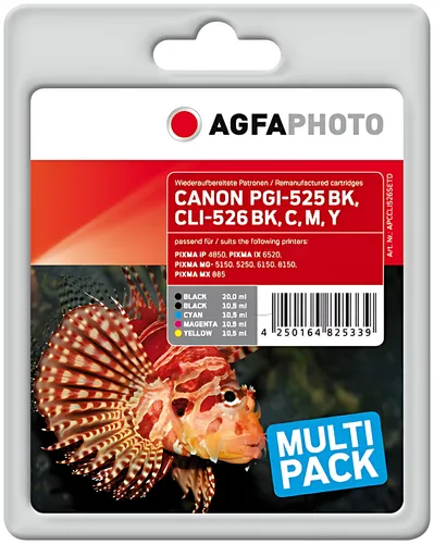 AgfaPhoto APCCLI526SETD Tintenpatrone MultiPack 2x Bk + 1x C,M,Y PGI+CLI 1x20ml + 4x10.5ml VE=5 (ersetzt Canon CLI-526)