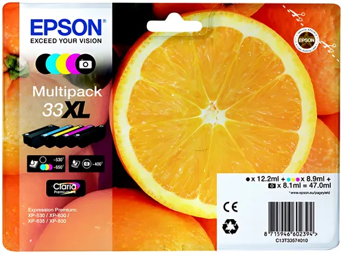 Epson C13T33574011/33XL Tintenpatrone MultiPack High-Capacity Bk,C,M,Y,PBK EasyMail 12,2ml+3x8,9ml+8,1ml VE=5