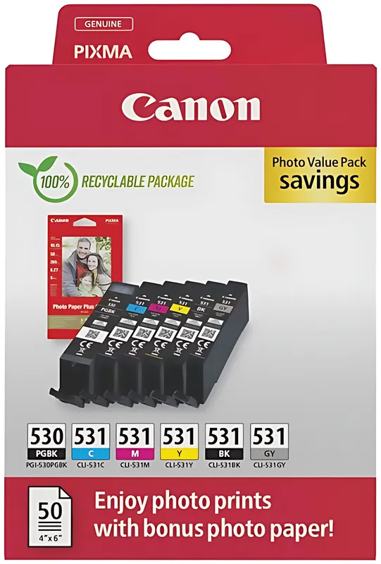 Canon 6117C004/PGI-530/CLI531 Tintenpatrone MultiPack 1xPGI + 5x CLI Bk,C,M,Y,GY + Fotopapier PP-201 18,5ml + 5x 8,2ml VE=6