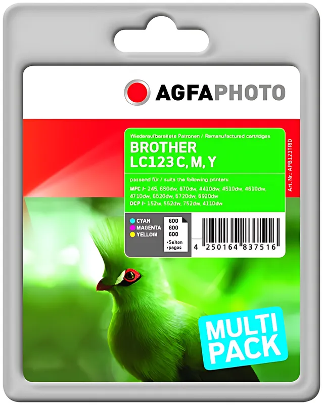 AgfaPhoto APB123TRID Tintenpatrone MultiPack C,M,Y Blister, 3x600 Seiten VE=3 (ersetzt Brother LC123RBWBPDR)