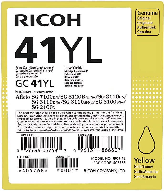 Ricoh 405768/GC-41YL Gelkartusche gelb, 600 Seiten ISO/IEC 24711 41ml