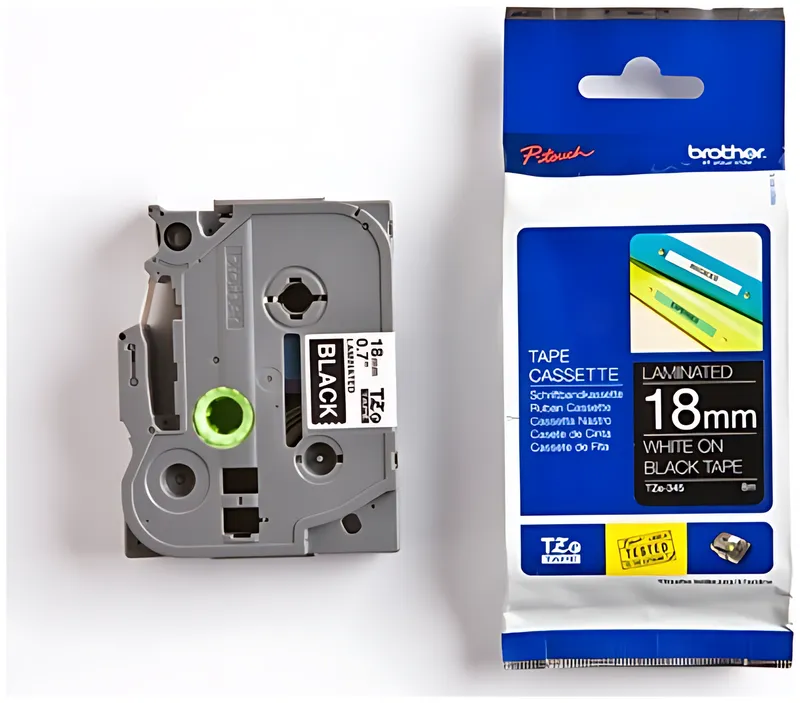 Brother TZE-345 DirectLabel weiss auf schwarz Laminat 18mm x 8m