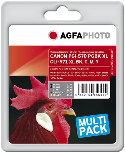 AgfaPhoto APCCLI571XLSET Tintenpatrone MultiPack 2x Bk + 1x C,M,Y 22ml + 4x11ml VE=5 (ersetzt Canon CLI-571BKXL CLI-571CXL CLI-571MXL CLI-571YXL PGI-570PGBKXL)