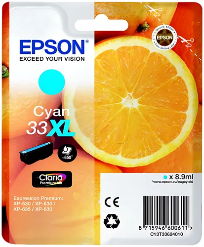 Epson C13T33624012/33XL Tintenpatrone cyan High-Capacity, 650 Seiten ISO/IEC 19752 8,9ml