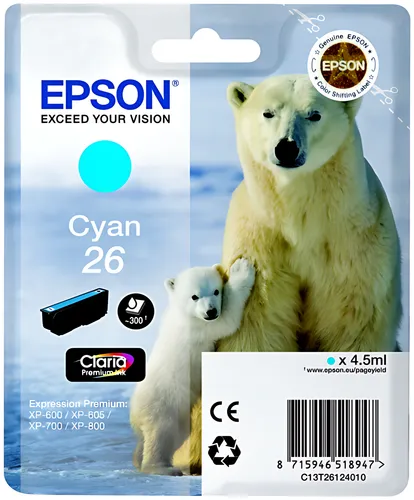 Epson C13T26124012/26 Tintenpatrone cyan, 300 Seiten ISO/IEC 19752 4,5ml