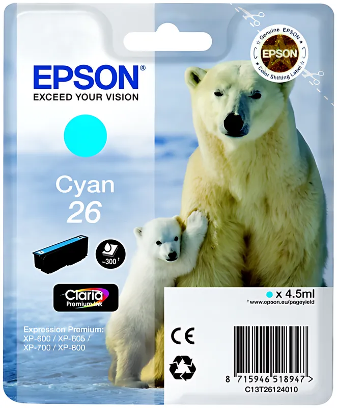 Epson C13T26124012/26 Tintenpatrone cyan, 300 Seiten ISO/IEC 19752 4,5ml