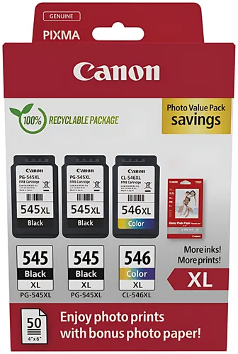 Canon 8286B015/PG-545XL+CL-546XL Druckkopfpatrone Multipack 2x schwarz +1x color High-Capacity +50 Blatt Fotopapier PVP 2x15ml + 1x13ml VE=2