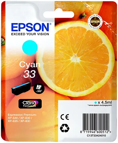 Epson C13T33424012/33 Tintenpatrone cyan, 300 Seiten ISO/IEC 19752 4,5ml