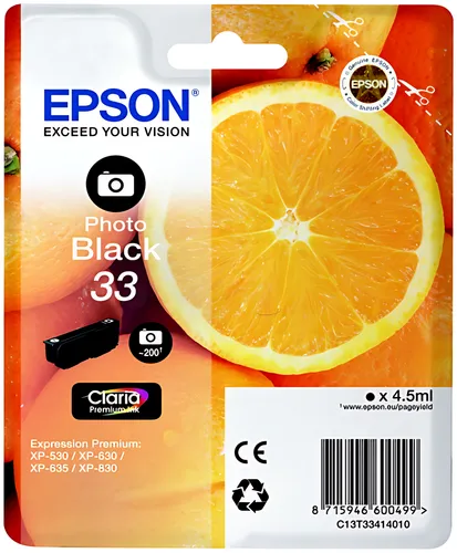 Epson C13T33414012/33 Tintenpatrone schwarz foto, 200 Seiten ISO/IEC 19752 200 Fotos 4,5ml