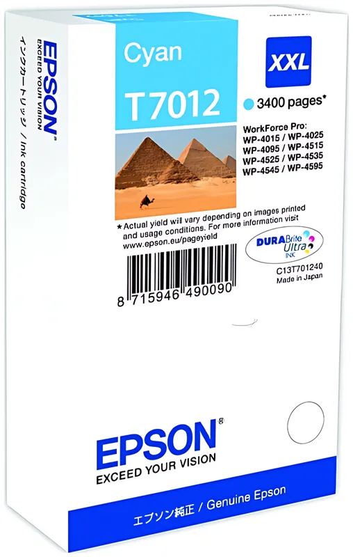 Epson C13T70124010/T7012 Tintenpatrone cyan XXL, 3.400 Seiten ISO/IEC 24711 34.2ml
