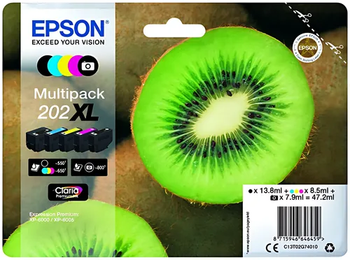 Epson C13T02G74010/202XL Tintenpatrone MultiPack High-Capacity Bk,PhBk,C,M,Y 13,8ml 7,9ml 3x8,5ml VE=5